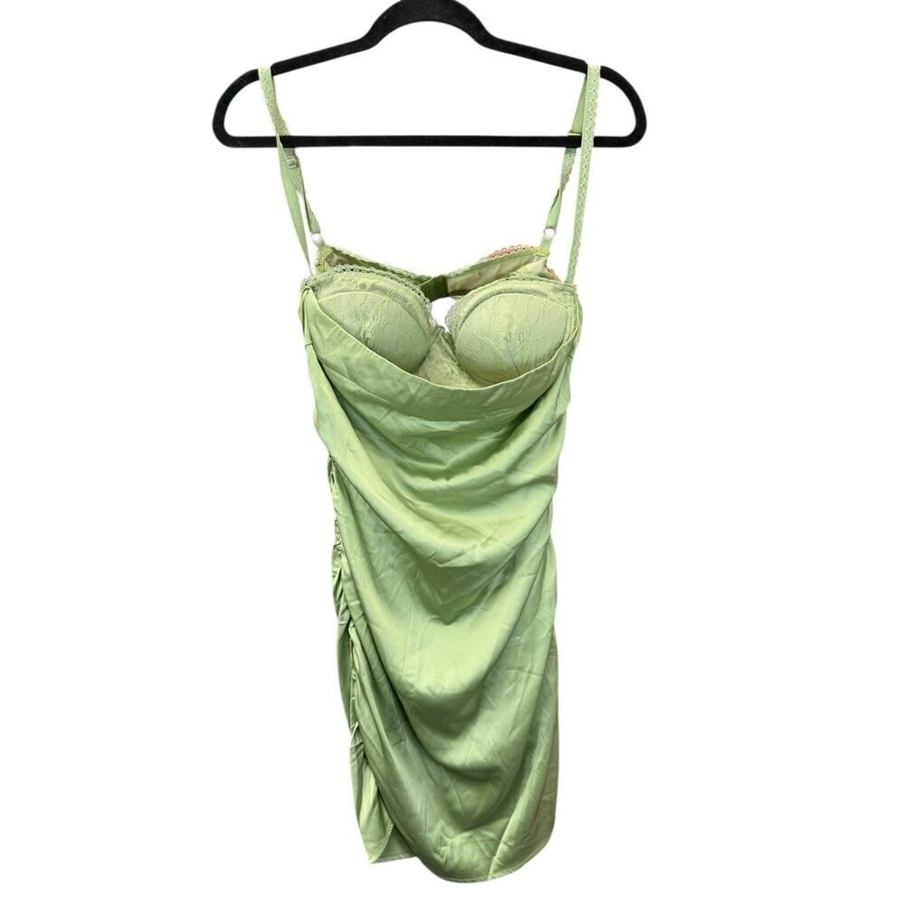 NWT Danielle Guizio Green Ruched Satin Mini Dress L Adjustable Straps Clubwear - Picture 6 of 13